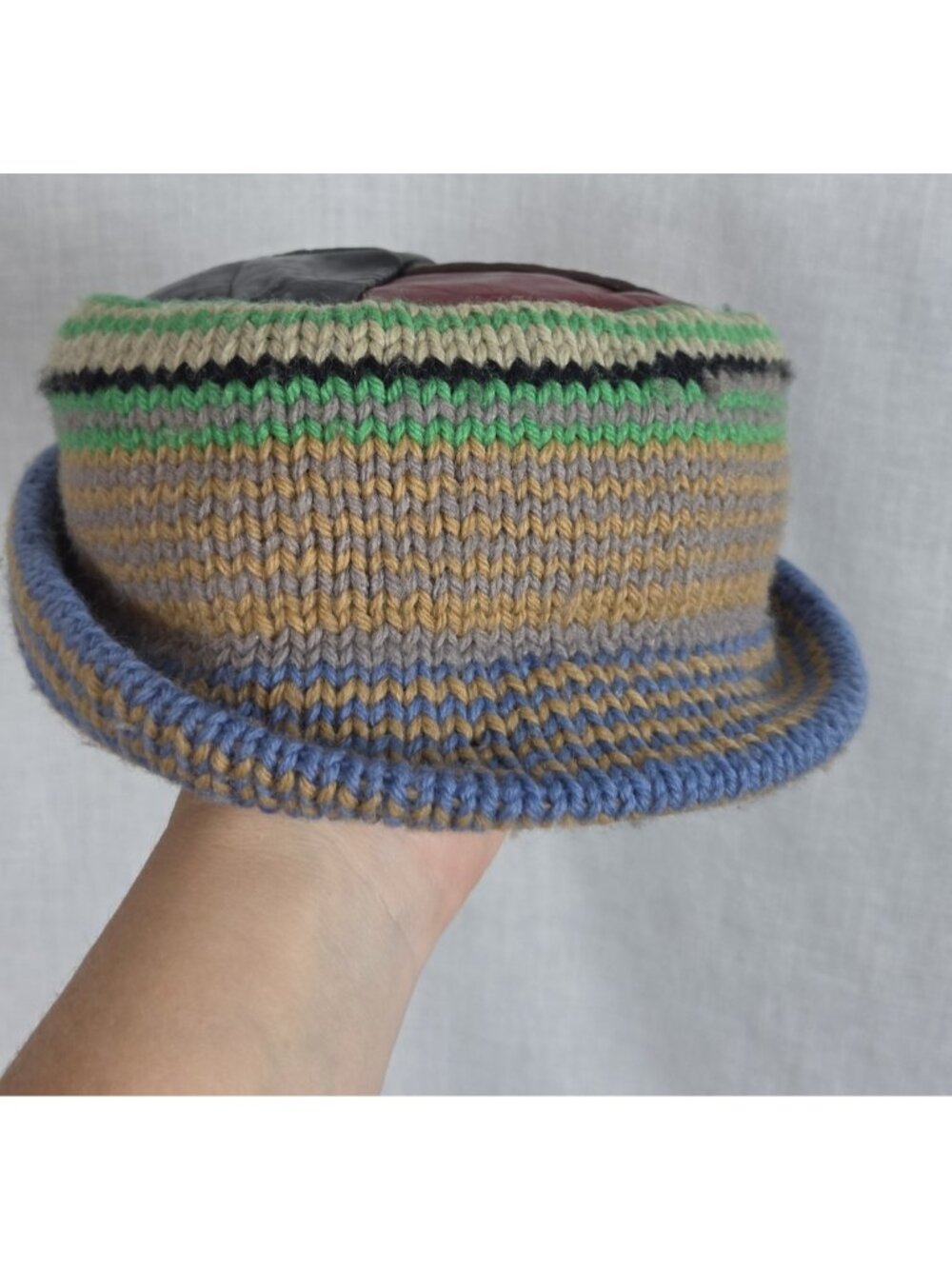 Vintage Hand Knit Skull Cap Kufi Multi-colored Leather Beanie Jazz Fusion Hippie
